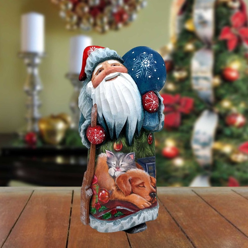 Father Frost Pets Santa Hand-Painted WOODCARVED Figurine by G. DeBrekht – Wildlife Holiday Decor – 821508-9 *** PRE-ORDER – Handmade Just for You! ***