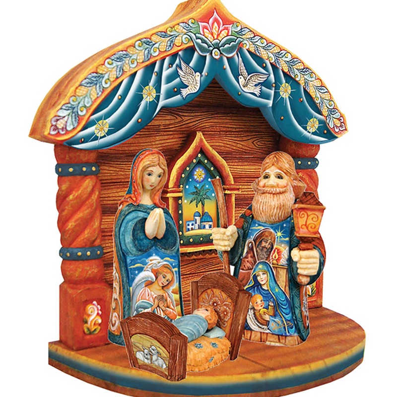 Holy Family in the Manger – Nativity Set of 4 Christmas Figurines by  – Reserve Hand-Painted Holiday Decor with Wooden Base Manger – 53612-B3W