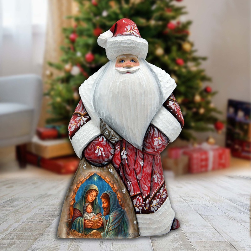 Holy Family Nativity Santa in Red Hand-Painted WOODCARVED Masterpiece by G. DeBrekht – Nativity Holiday Decor – 8214823