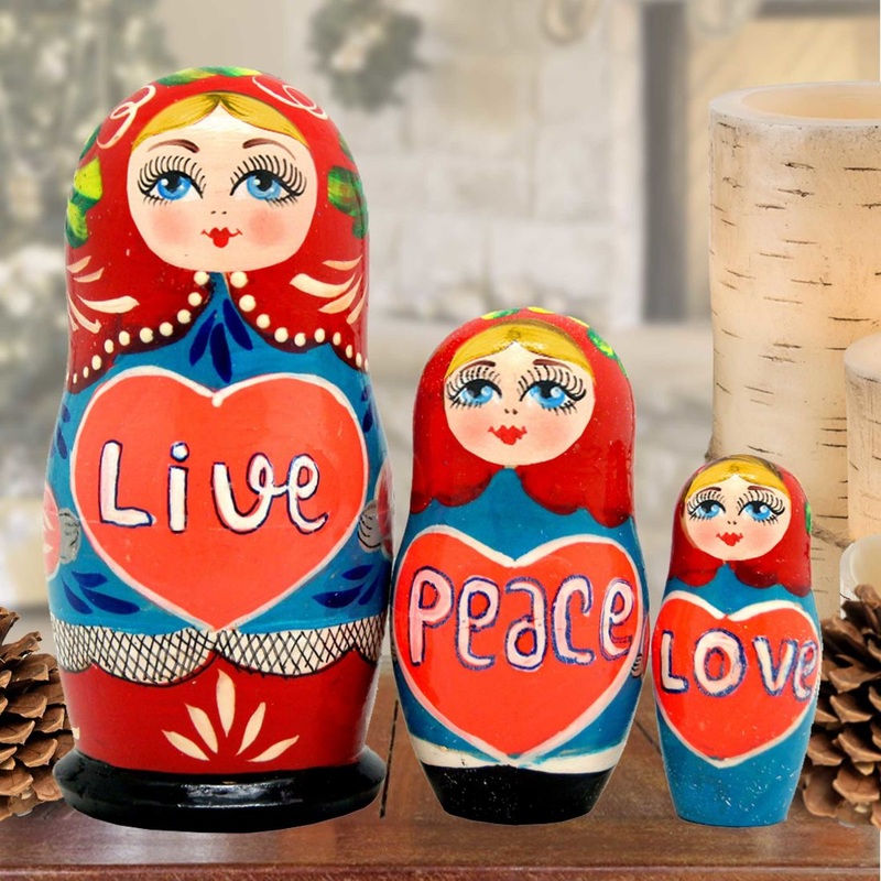 Live Peace Love Matreshka Nesting Hand-Painted Doll Set of 3 by G. DeBrekht – Love Family Kids Decor – 14711