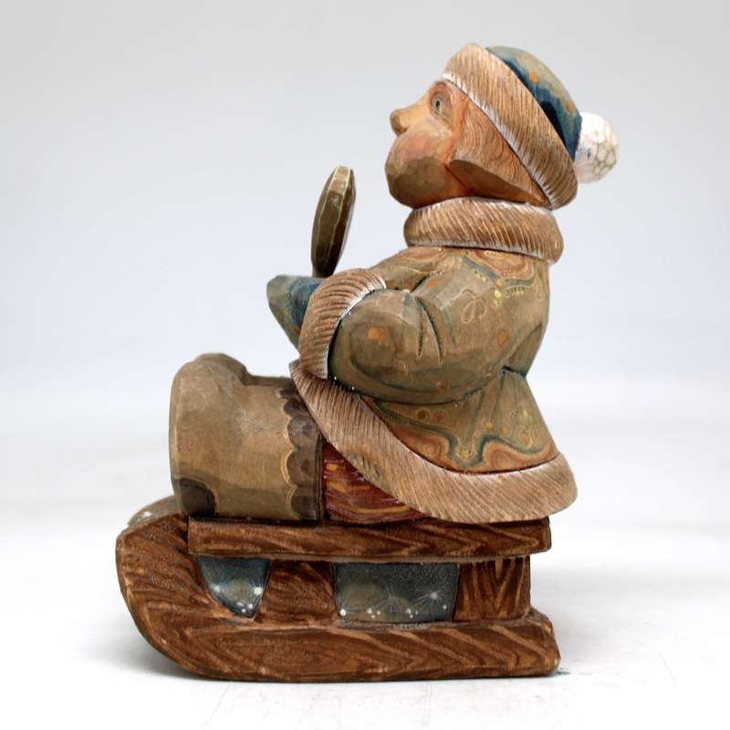 One-of-a-Kind – Boy on Sleigh WOODCARVED Figurine 5×2.5×4 by  – Unique Handcrafted and Hand-Painted Collectible