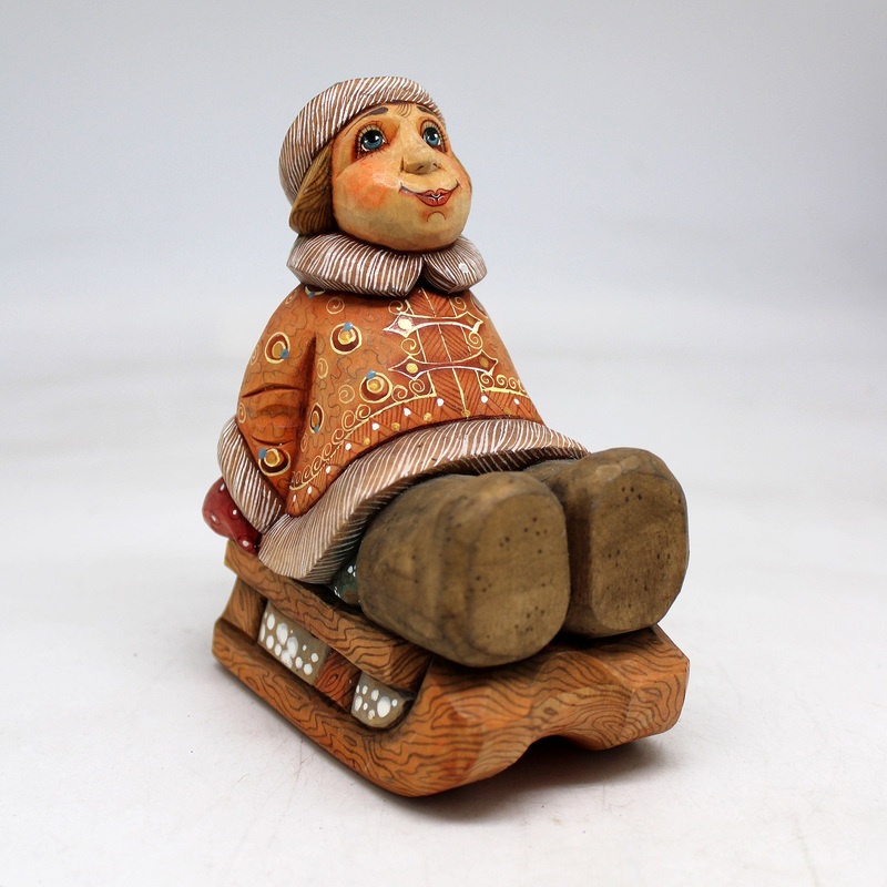 One-of-a-Kind Boy on Sleigh WOODCARVED Figurine 5×3.5×2.5  by , – Unique Handcarved and Handpainted Collectible