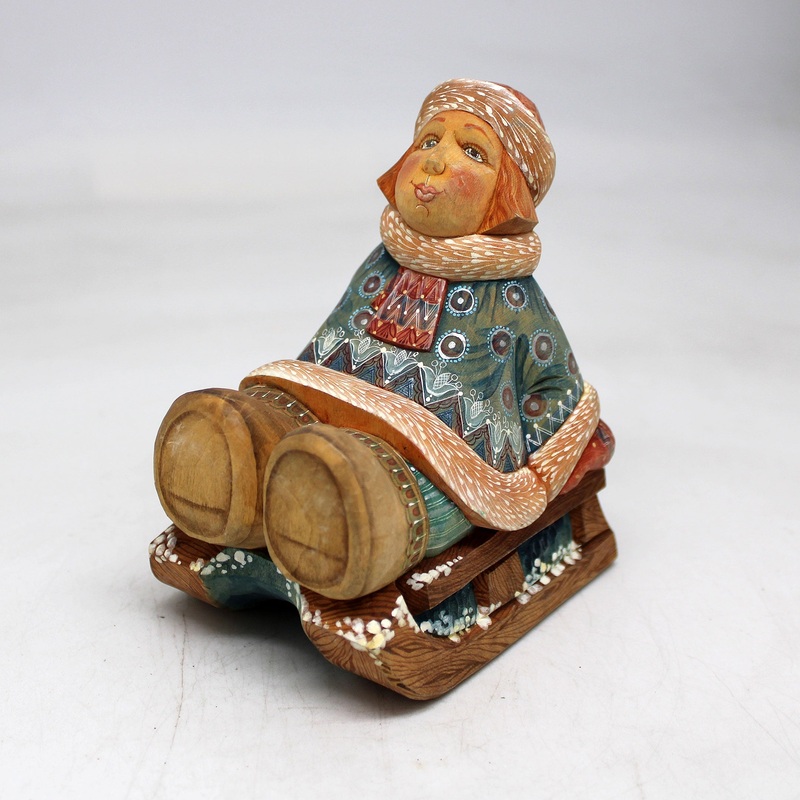 One-of-a-Kind Girl on Sleigh WOODCARVED Figurine 45x35x3 by  – Unique Handcrafted and Handpainted Collectible