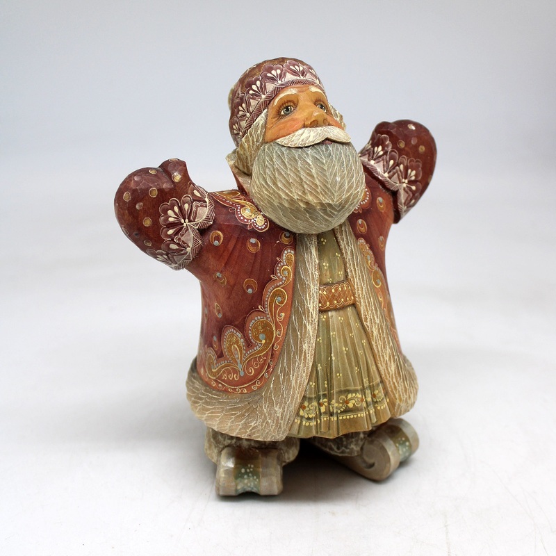 One-of-a-Kind Santa on Skis WOODCARVED Figurine 6.5×3.5×5 by GDeBrekht – Unique Handcrafted and Hand-Painted Collectible