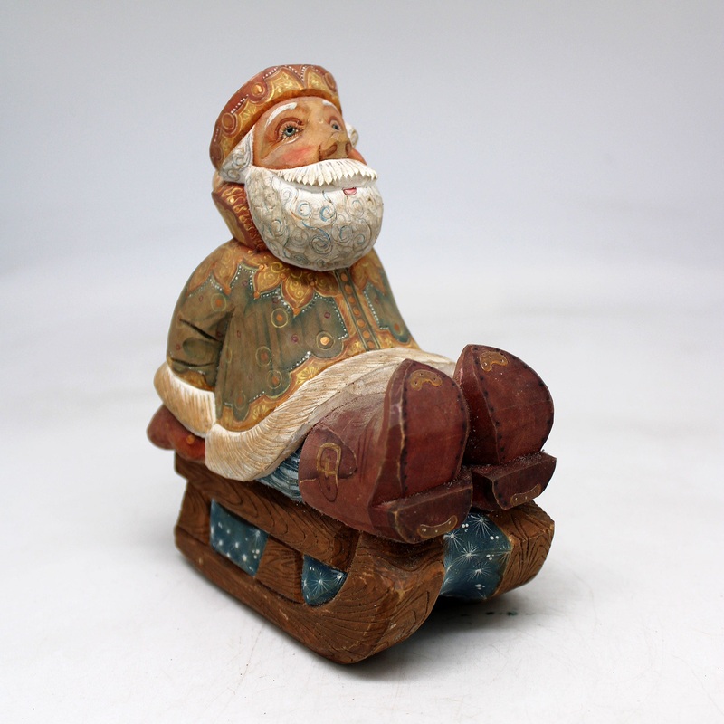 One-of-a-Kind Santa on Sleigh WOODCARVED Figurine 5.5x4x3  by , – Unique Handcarved and Handpainted Collectible