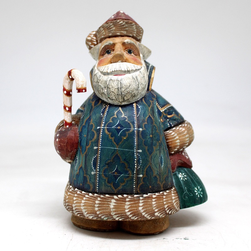 One-of-a-Kind – Santa with Candy Cane WOODCARVED Figurine 5.5x4x3 by  – Unique Handcarved and Hand-Painted Collectible