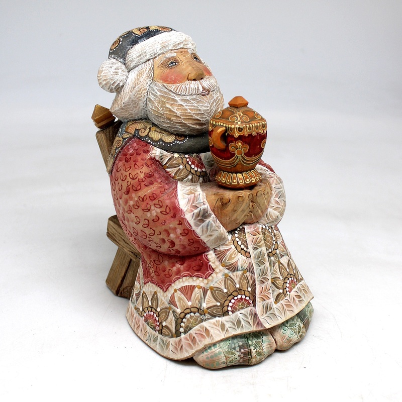 One-of-a-Kind – Santa with Gift WOODCARVED Figurine 5.5×3.5×4.5 by  – Unique Handcarved and Hand-Painted Collectible