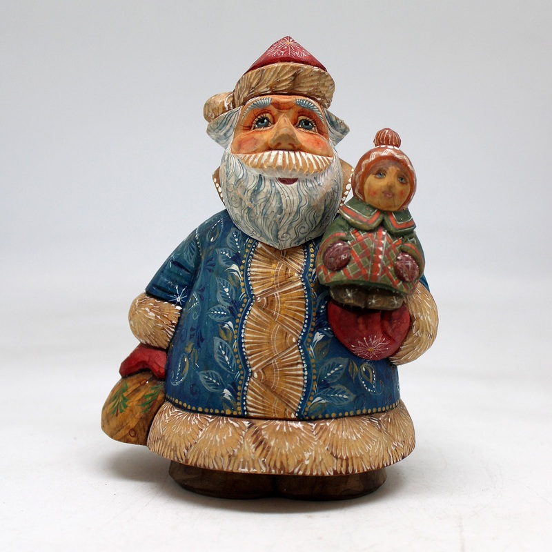 One-of-a-Kind Santa with Girl WOODCARVED Figurine 5.5x4x2.5  by , – Unique Handcarved and Handpainted Collectible