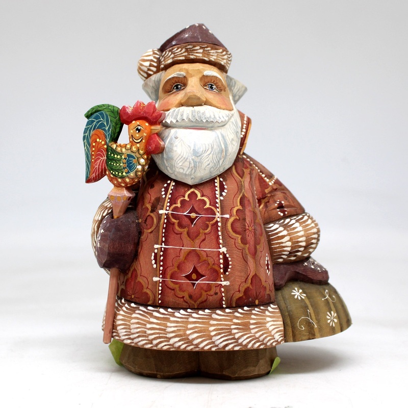 One-of-a-Kind – Santa with Rooster WOODCARVED Figurine 5.5×4.5×2.5 by  – Unique Handcarved and Hand-Painted Collectible
