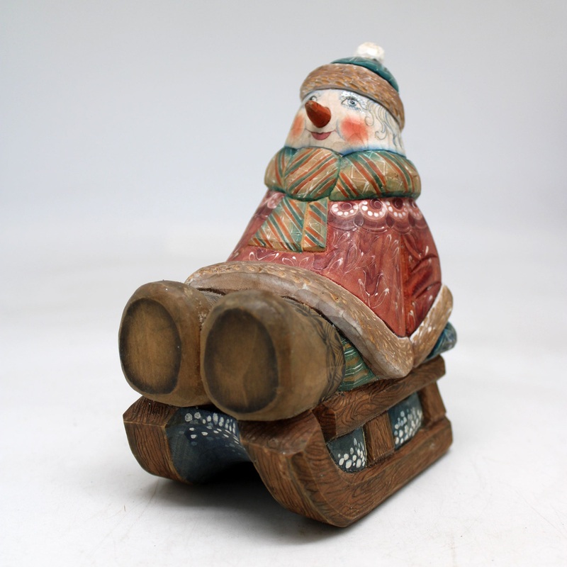 One-of-a-Kind Snowman on Sleigh WOODCARVED Figurine 5.5x4x3  by , – Unique Handcarved and Handpainted Collectible
