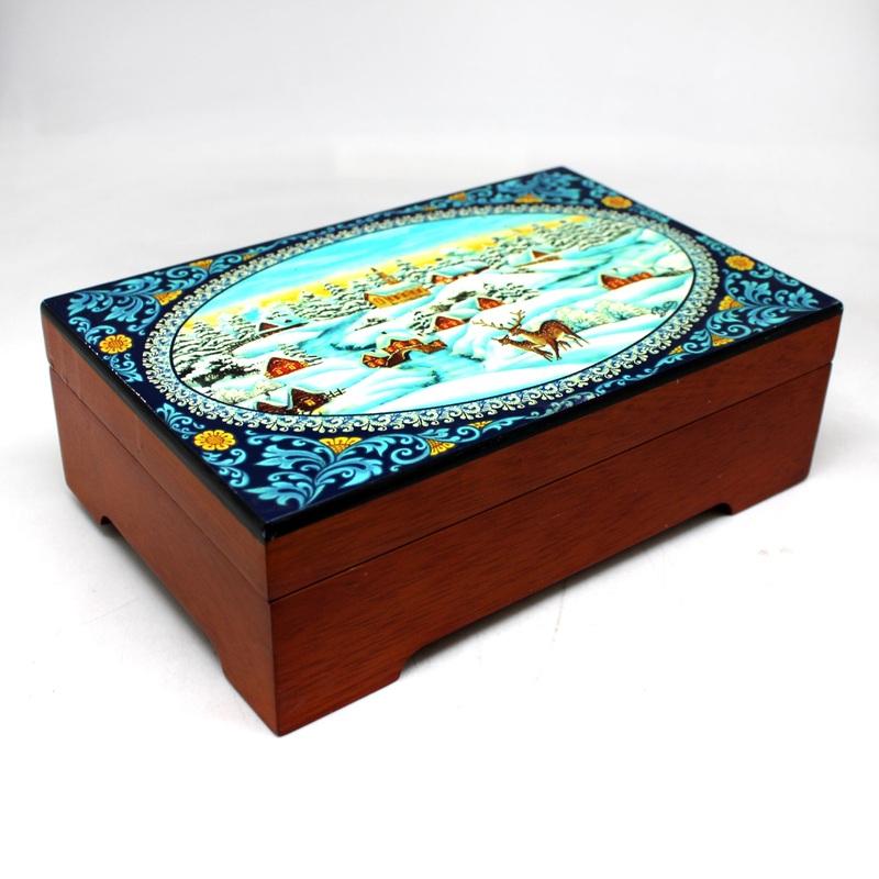 One-of-a-Kind Winter Village Lacquered & Polished WOODCARVED Music Jewelry BOX 9x6x3 – Handcarved Unique Home Decoration and Beautiful Gift Rare Find Collectible, Unique Hand Carved Gift