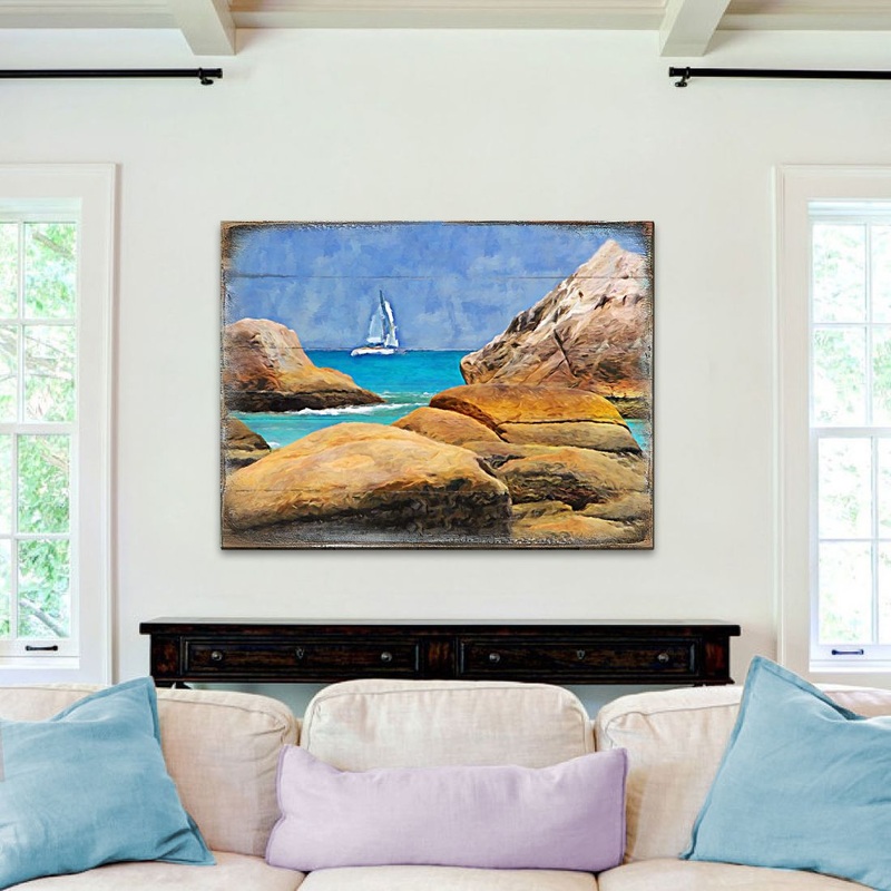 Sailboat on The Rocky Shore Wooden Coastal Wall Art by Nature Wonders – Coastal Sea-Life Decor – 95274B