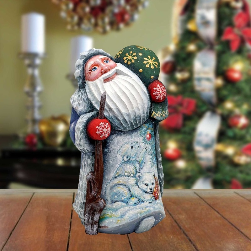 Santa and the Bear Cubs Santa Hand-Painted WOODCARVED Figurine by G. DeBrekht – Wildlife Holiday Decor – 821508-3