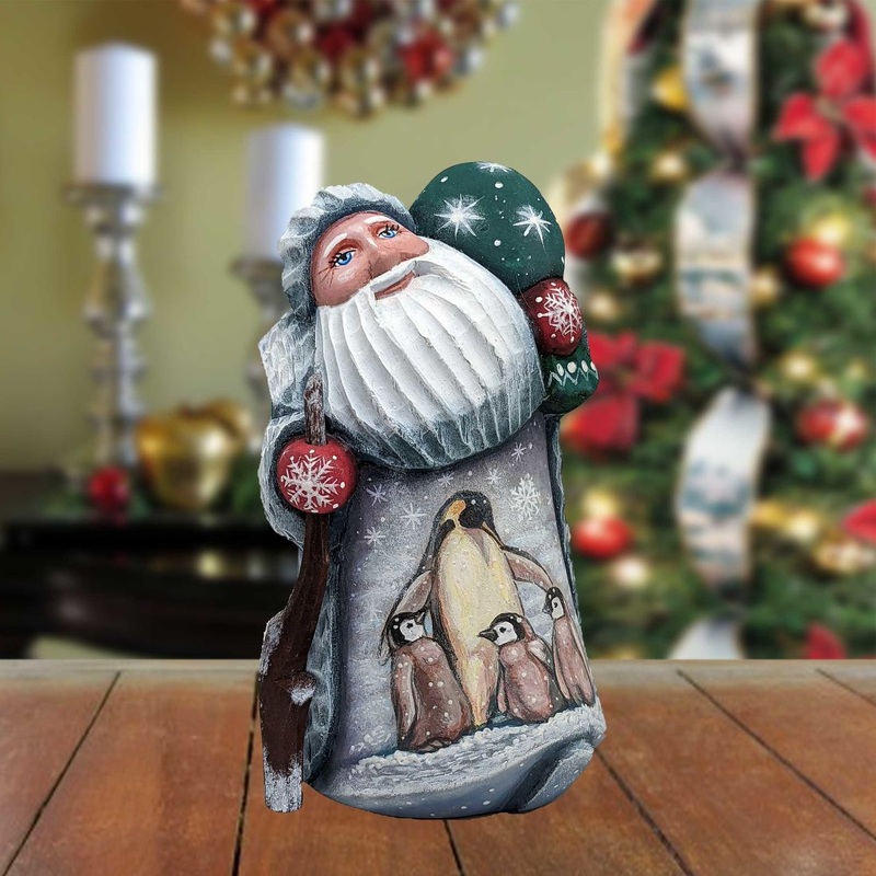 Santa and the Penguins Santa Hand-Painted WOODCARVED Figurine by G. DeBrekht – Wildlife Holiday Decor – 821508-4