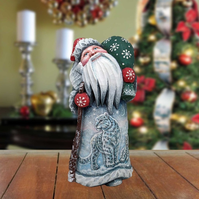 Santa and the Snow Leopard Santa Hand-Painted WOODCARVED Figurine by G. DeBrekht – Wildlife Holiday Decor – 821508-2