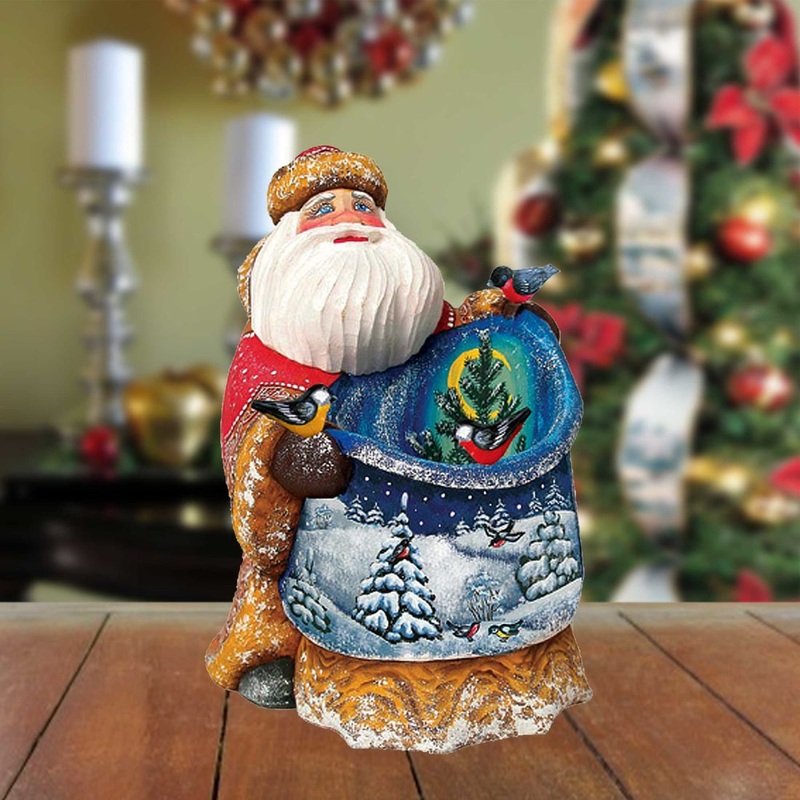 Santa Feathered Friends Bag Hand-Painted WOODCARVED Figurine by G. DeBrekht – Wildlife Holiday Decor – 8215572 *** PRE-ORDER – Handmade Just for You! ***