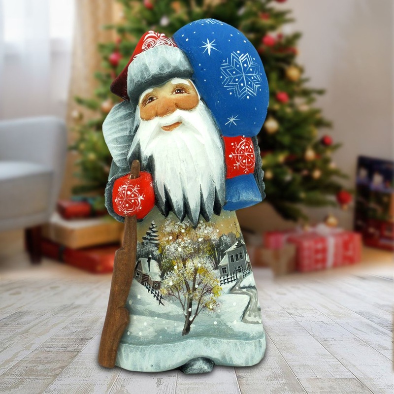 Winter Landscape Santa Hand-Painted WOODCARVED Figurine by G. DeBrekht – Christmas Decor – 8215099