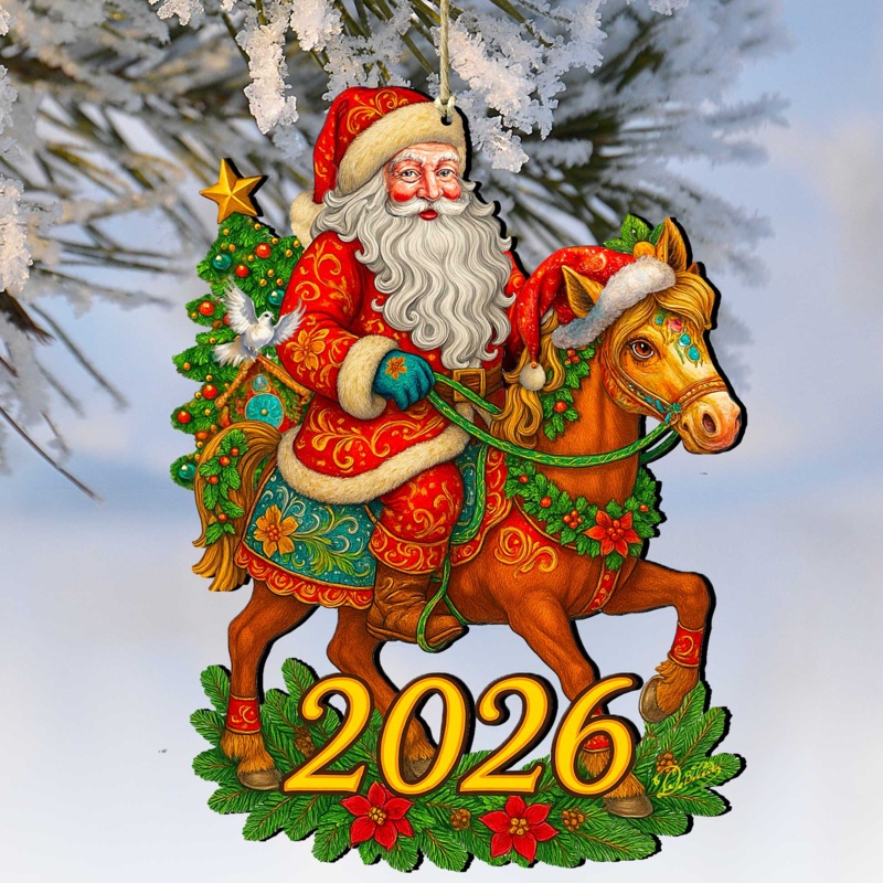 2026 Dated Santa on Horse Wooden Ornaments by G. Debrekht – Christmas Santa Snowman Decor – 8652841-D26