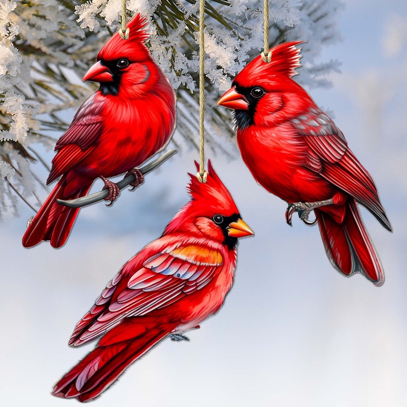Cardinals Decorative Wooden Ornaments Set of 3 by G. Debrekht – Nature Wildlife Decor – 8091000-S3