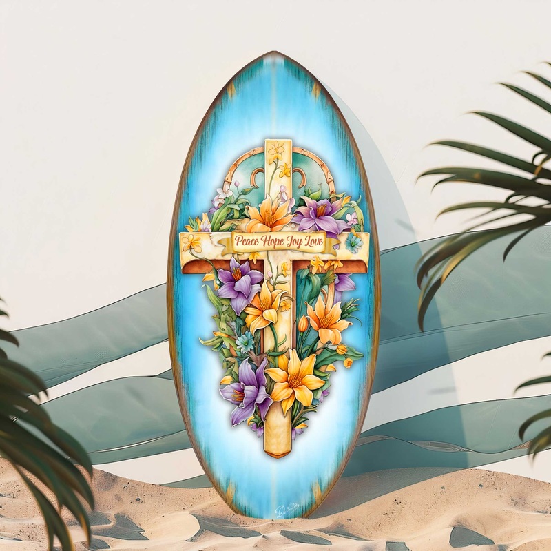 Christian Coastal Wall Decor – Peace Hope Joy Love Cross Surfboard Wall Art  Handcrafted Religious Decor by    8490156HS