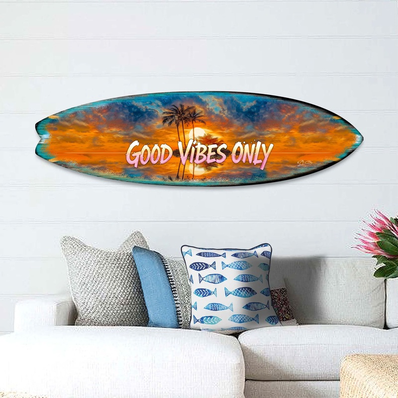 Good Vibes Only Surfboard Wall Art by G. DeBrekht  Handcrafted Coastal Decor for Beach House & Tropical Interiors  8490145HS
