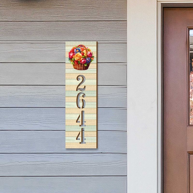 Handcrafted Floral House Number Sign  Wooden Address Plaque with Basket of Flowers  Custom Handcrafted Wooden Address Sign MA989832