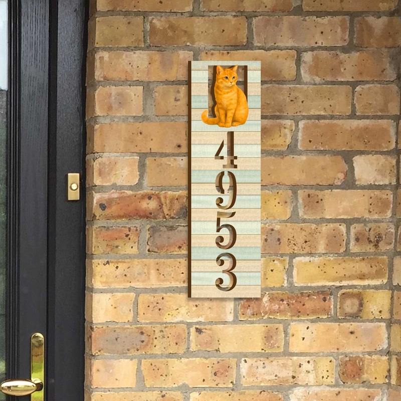 Handcrafted Orange Cat Wooden House Number Sign  Custom Address Plaque for Porch or Entryway – Custom Home Handcrafted Wooden Address Sign MA989826