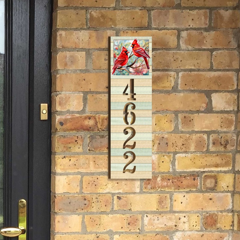 Handcrafted Wooden House Number Sign with Cardinals  Vertical & Horizontal Address Plaque for Porch or Entryway MA989833