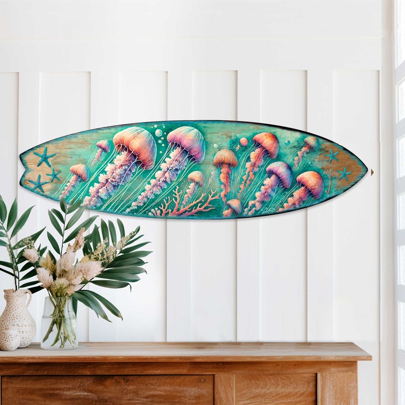 Jellyfish Surfboard Wall Art  Handcrafted Underwater Coastal Decor by   Ocean-Inspired Wooden Accent for Indoor & Outdoor  8490153HS