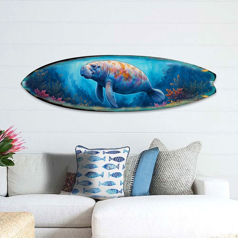 Manatee Surfboard Wall Art  Handcrafted Coastal Decor – Surfboard Wall Decor for Beach House – Art by G. Debrekht  – 8490140HS