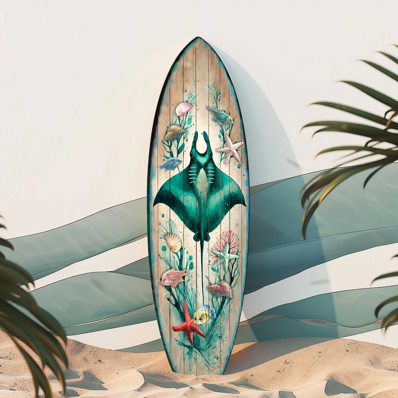 Manta Ray Surfboard Wall Art  Handcrafted Coastal Ocean Decor by   Underwater Sea Life Beach House Accent  8490148HS
