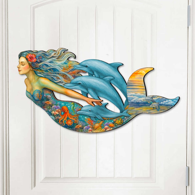 Mermaid & Dolphins Coastal Door Hanger – Handcrafted Ocean Fantasy Art Decor by G. DeBrekht – Coastal Holiday Decor – 81985143H