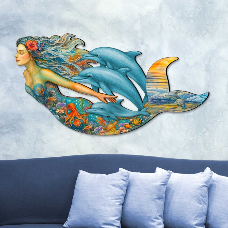 Mermaid & Dolphins Coastal Outdoor Decor by G. Debrekht – Coastal Sea-Life Decor – 81985143F