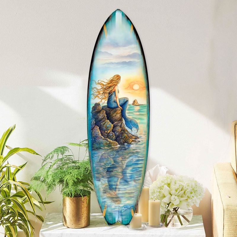 Mermaid Surfboard Wall Art Handcrafted Coastal Decor – Surfboard Wall Decor for Beach House & Nautical Interiors – Coastal Wall Art by G. Debrekht – 8490141HS