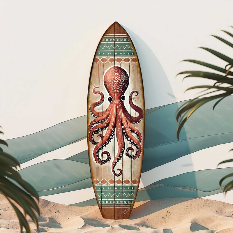 Octopus Surfboard Wall Art  Handcrafted Coastal Ocean Decor by   Nautical Wooden Sea Life Accent for Indoor & Outdoor  8490152HS