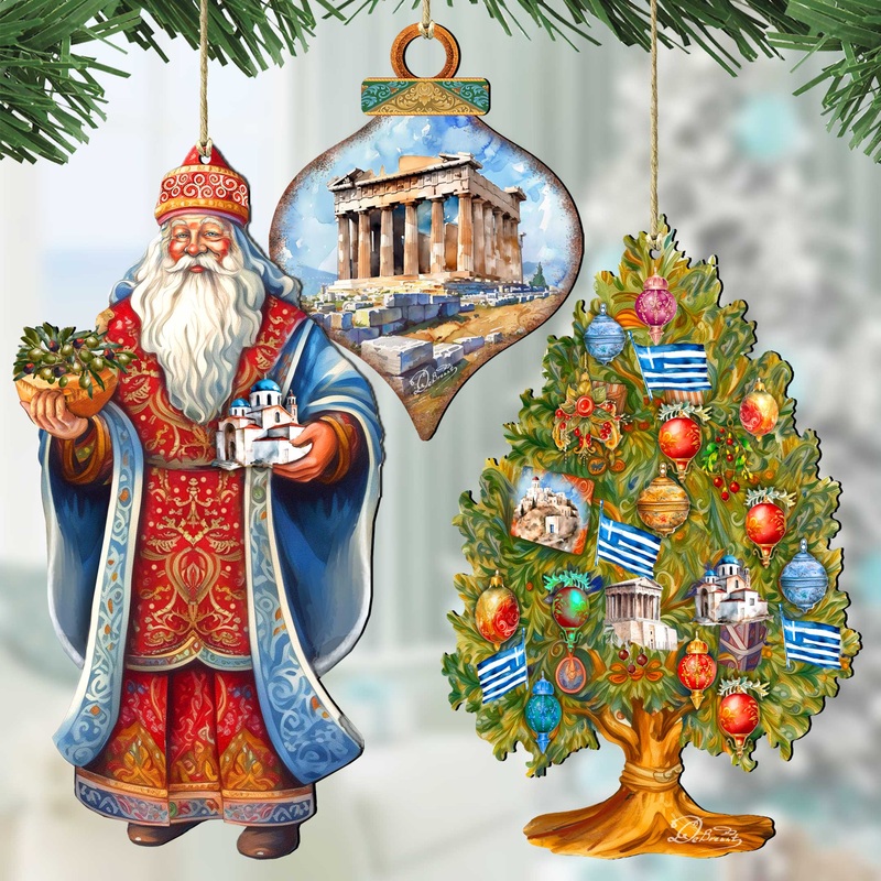 Santas Around the World – Greece Inspired Santa – Wooden Ornaments Set of 3 by G. DeBrekht Christmas Santa Snowman Decor – 8091316S3
