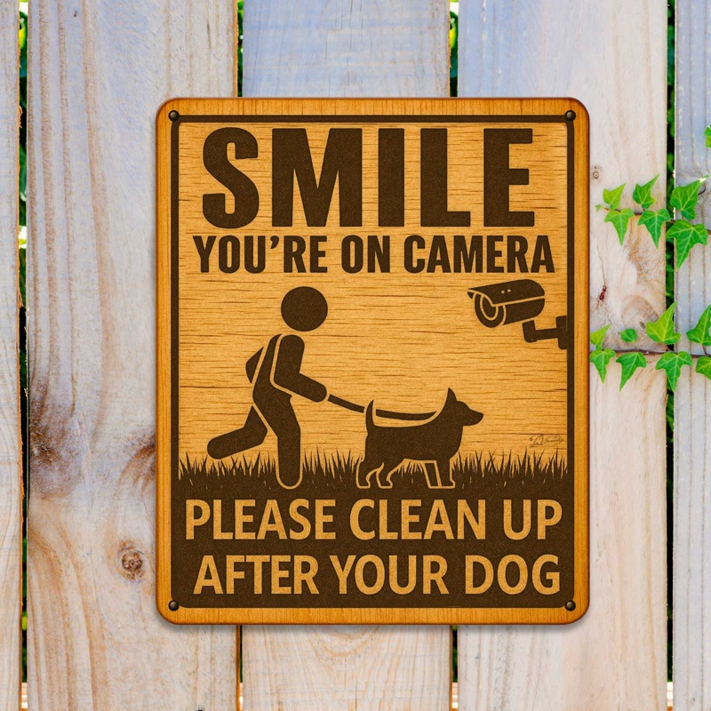 Smile Youre on Camera Wooden Sign  Clean Up After Your Dog  Handcrafted Outdoor Yard Sign by Designocracy  Rustic Pet Warning Sign – 961066