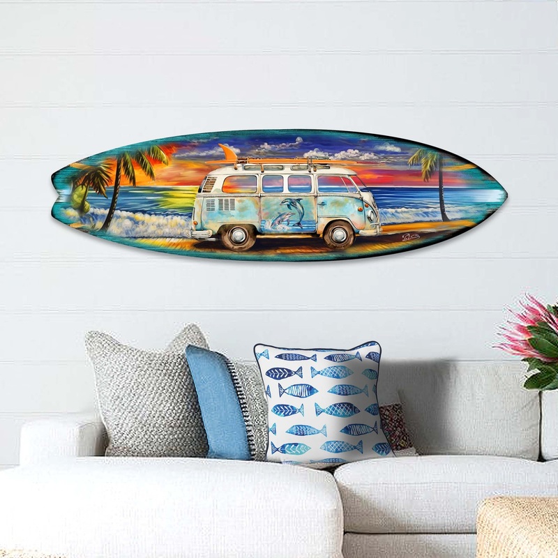 Surf Van at the Beach Surfboard Coastal Wall Art by G. DeBrekht – Coastal Holiday Decor – 8490120-2HS