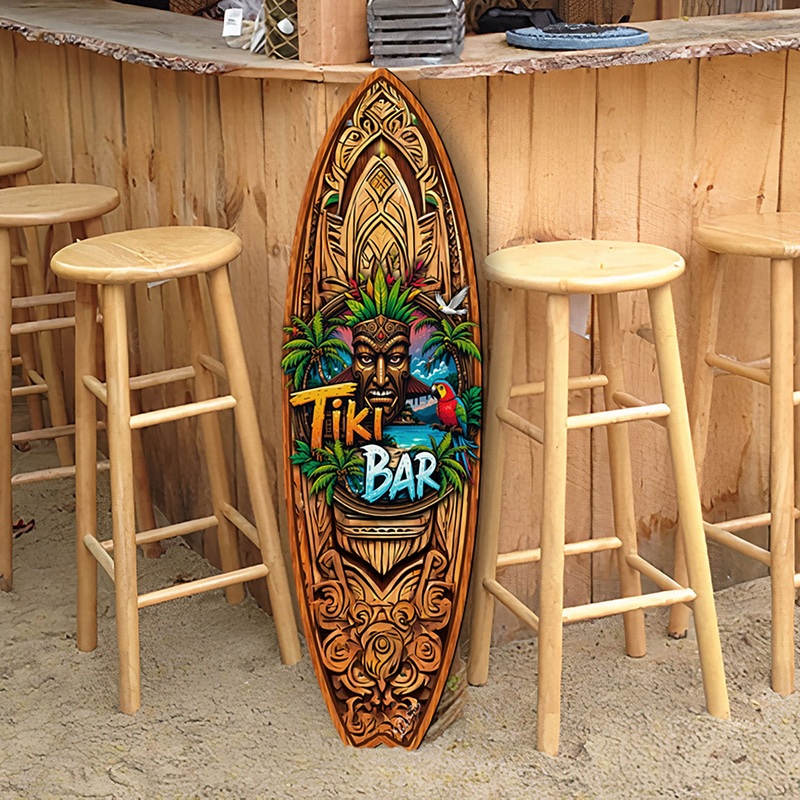 Tiki Bar Surfboard Wall Art by G. DeBrekht  Handcrafted Coastal Decor for Tiki Lounge & Beach House – 8490144HS