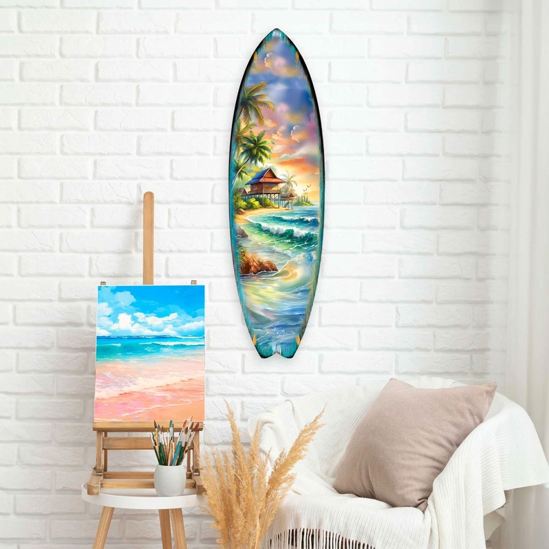 Tropical Beach House Surfboard Wall Art by G. DeBrekht  Handcrafted Coastal Decor – Surfboard Wall Decor for Beach House & Nautical Interiors – 8490142HS