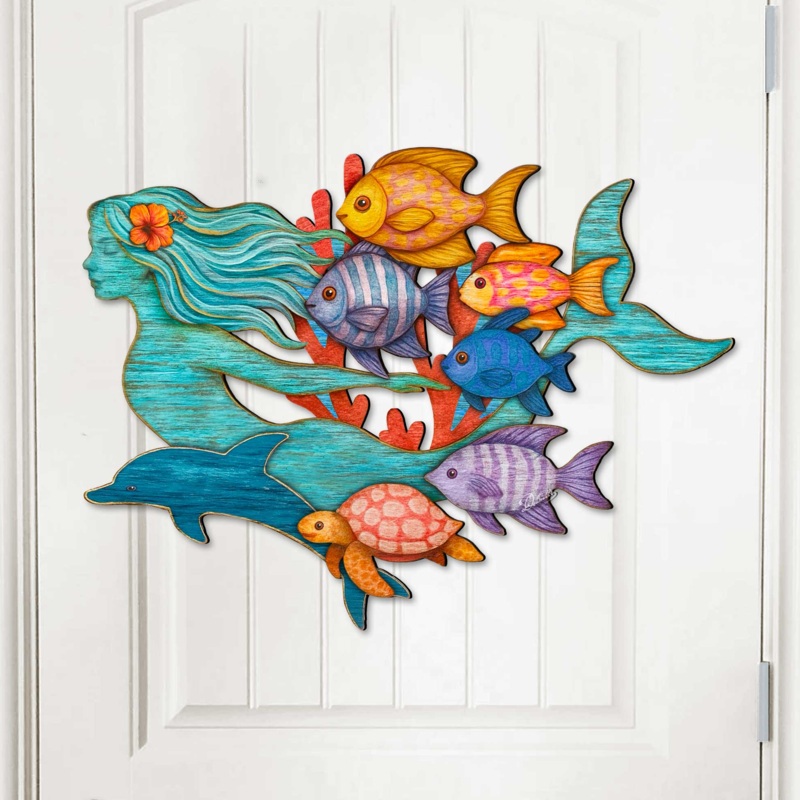 Tropical Mermaid Coastal Door Hanger – Handcrafted Underwater Friends Coastal Wall Art by G. DeBrekht – Coastal Holiday Decor – 81985144H