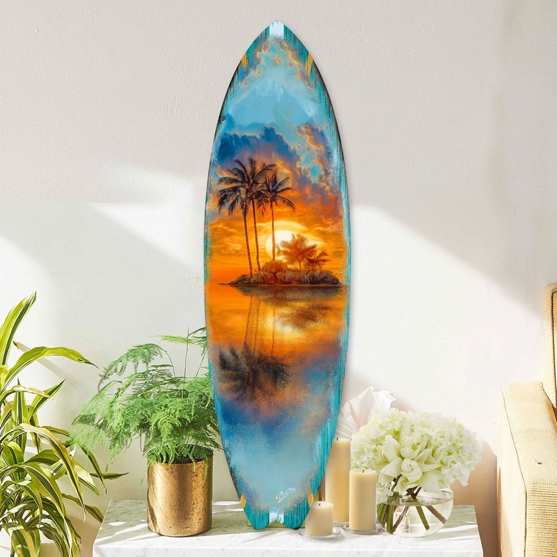 Tropical Sunset Surfboard Wall Art  Coastal Wall Decor – Handcrafted Surfboard Wall Decor for Beach House – Art by G. Debrekht  – 8490139HS