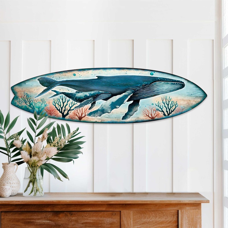 Whale Surfboard Wall Art  Handcrafted Coastal Ocean Decor by   Marine Life Beach House Accent for Indoor & Outdoor  8490154HS