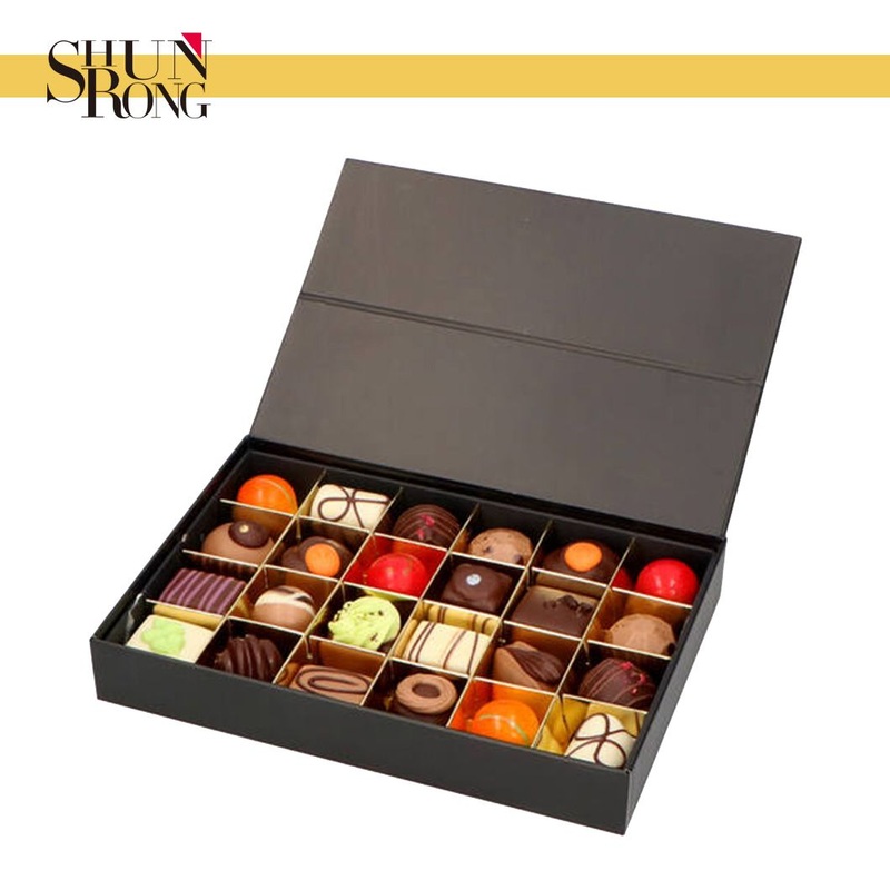 Wholesale Classic Black Flip-Top Chocolate Gift Box with Gold Dividers for 24 Pieces of Bonbons – Custom Chocolate Box and Gift Packaging price