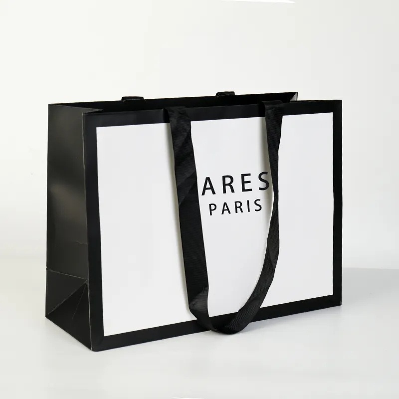 Black Paper Bag Custom Printed Logo Luxury Clothing Shopping Paper Bags Boutique Recyclable Gift Bag with Ribbon – Packaging Box and Packaging Carton Box price