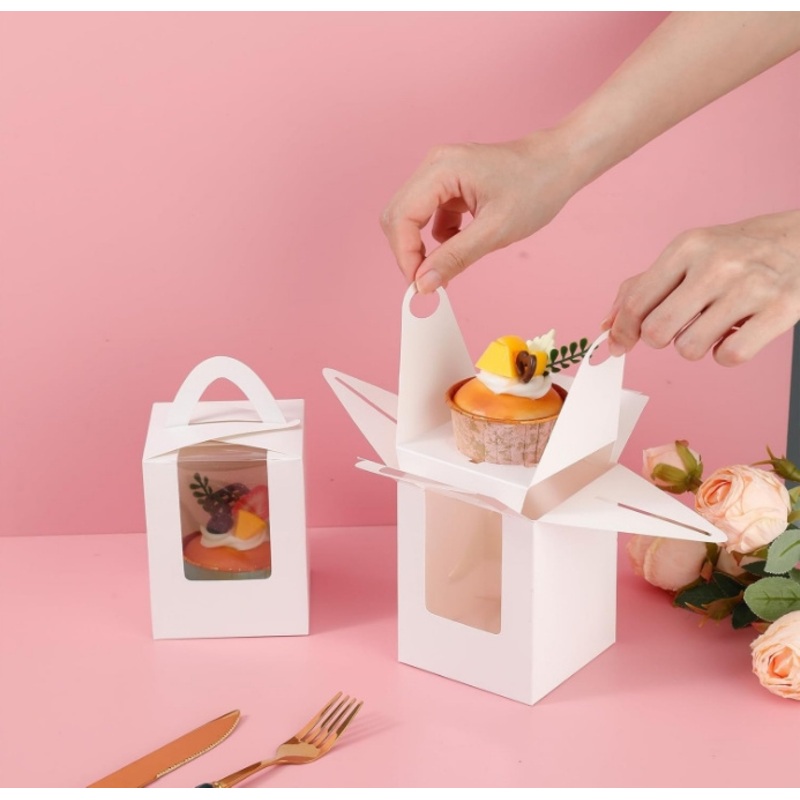 Custom Portable Paper Muffin Gift Boxes with Window Inserts Handle for Wedding Birthday Party Treats Boxes – Folding Package Paper Boxes and Food Box price