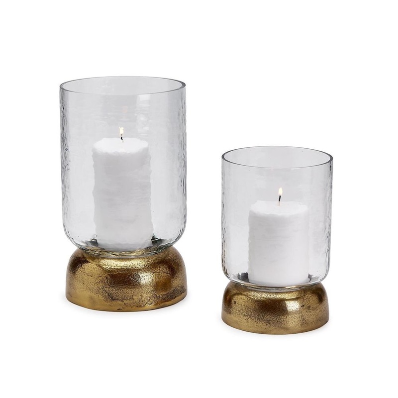 Two’s Company Casablanca Set of 2 Hurricane with Brass Base- Recycled Aluminum/Glass