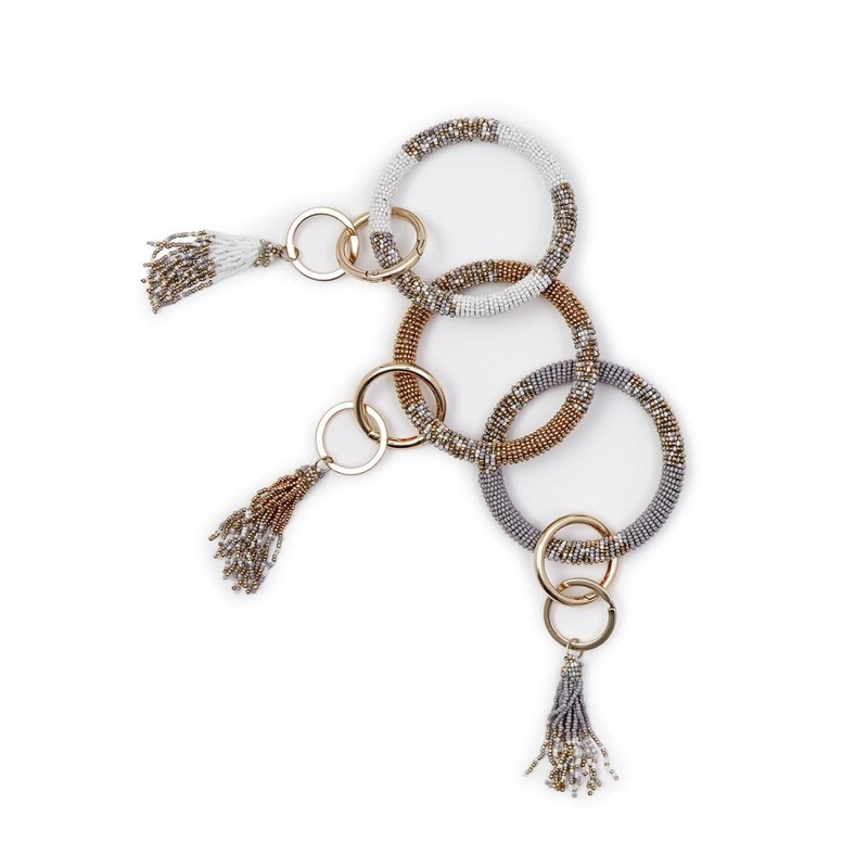 Two’s Company Circle Back Hand Beaded Bangle Keychain Holder with Beaded Tassel Assorted 3 Colors