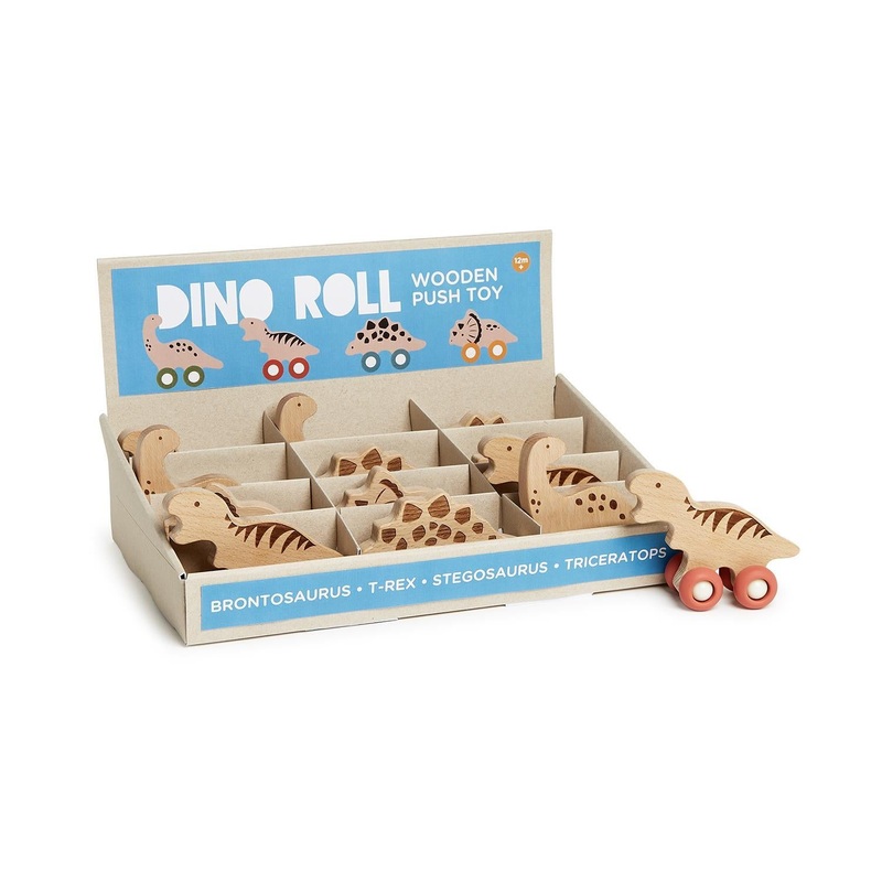 Two’s Company Dino Roll 12-pcs Hand-Crafted Wooden Dinosaur Grasping Toy w/ Silicone Wheels in 4 Designs