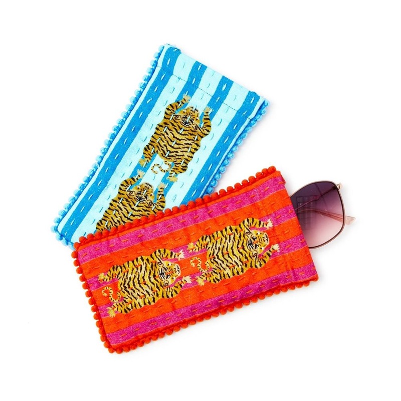 Two’s Company Eye of the Tiger Cotton Printed Glasses Case in a Bold Stripe and Tiger Motif Assorted 2 Colors